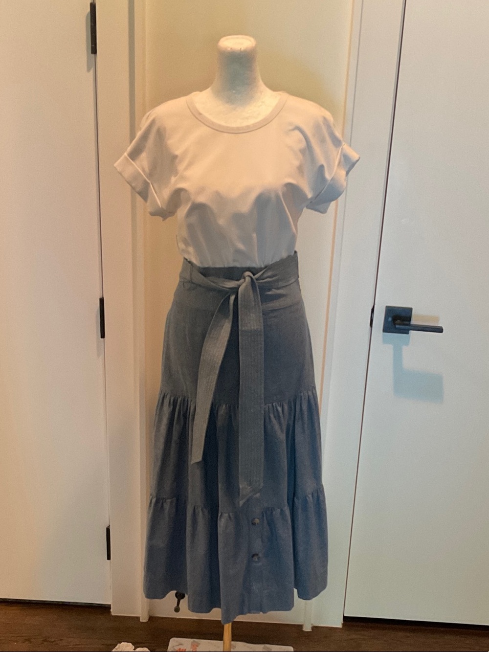 Veronica Beard Blue Tiered Button-Front Maxi Skirt with Waist Tie